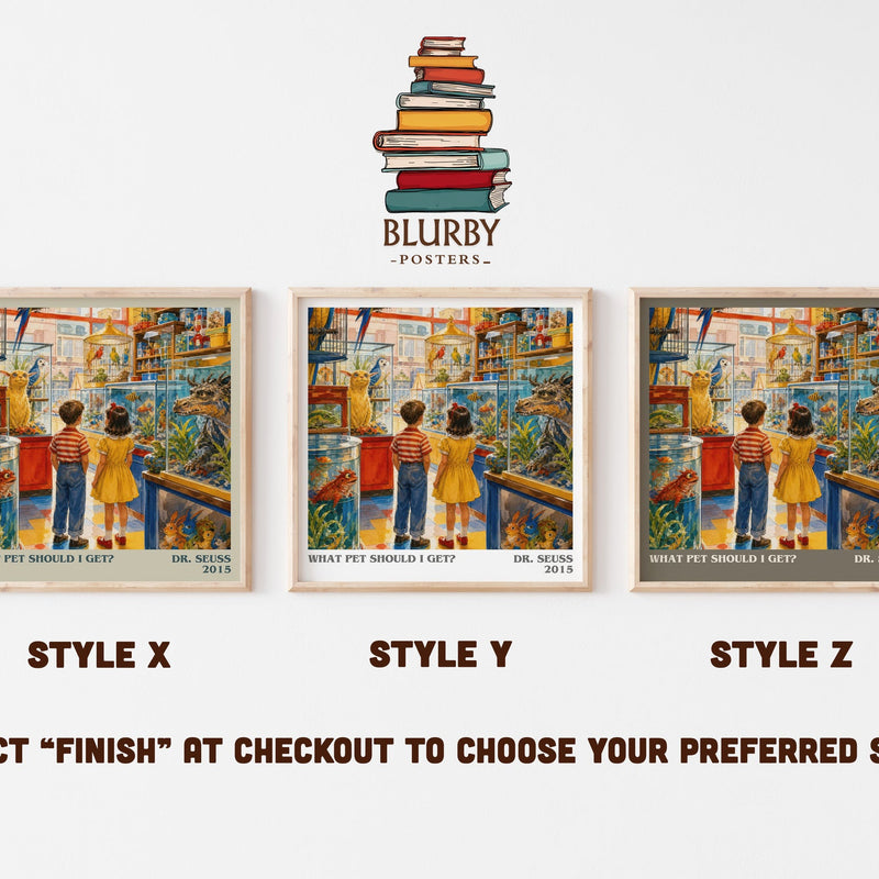 What Pet Should I Get? literary print in frame leaning in hallway – childrens wall art