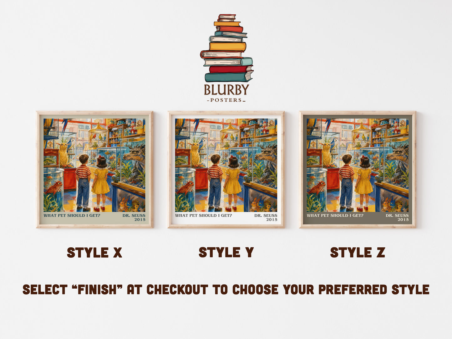 What Pet Should I Get? literary print in frame leaning in hallway – childrens wall art