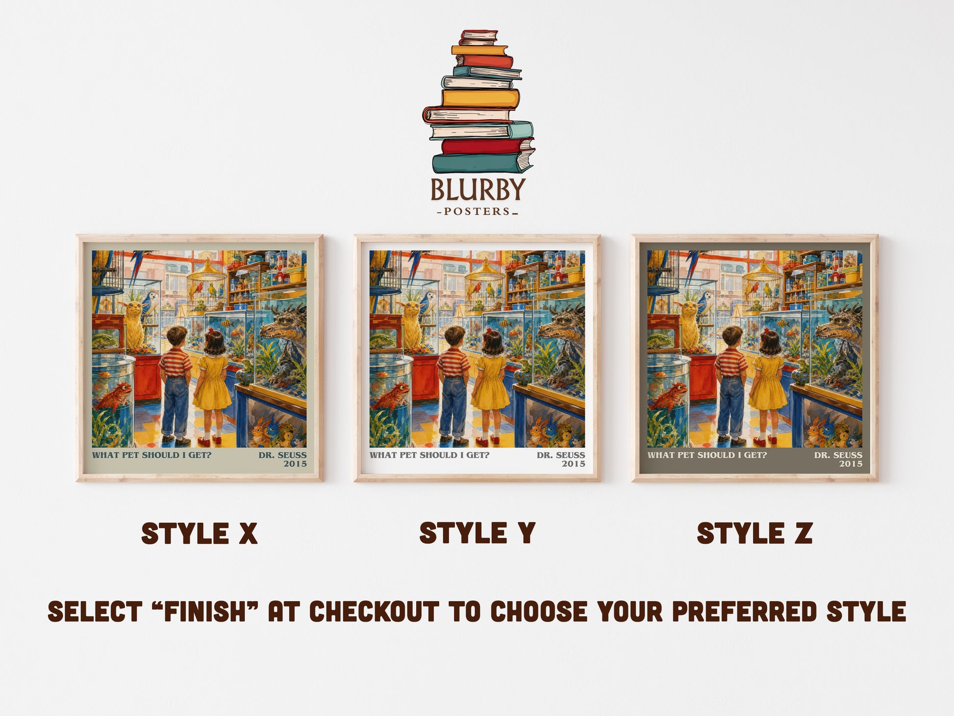 What Pet Should I Get? literary print in frame leaning in hallway – childrens wall art