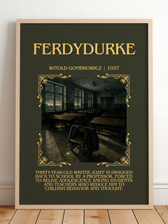 Ferdydurke Minimalist Book Poster by Witold Gombrowicz – framed print leaning on a wooden floor