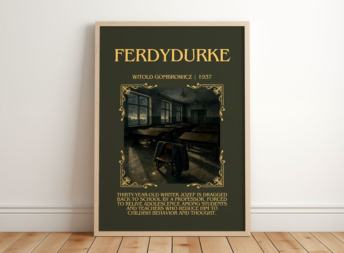 Ferdydurke Minimalist Book Poster by Witold Gombrowicz – framed print leaning on a wooden floor
