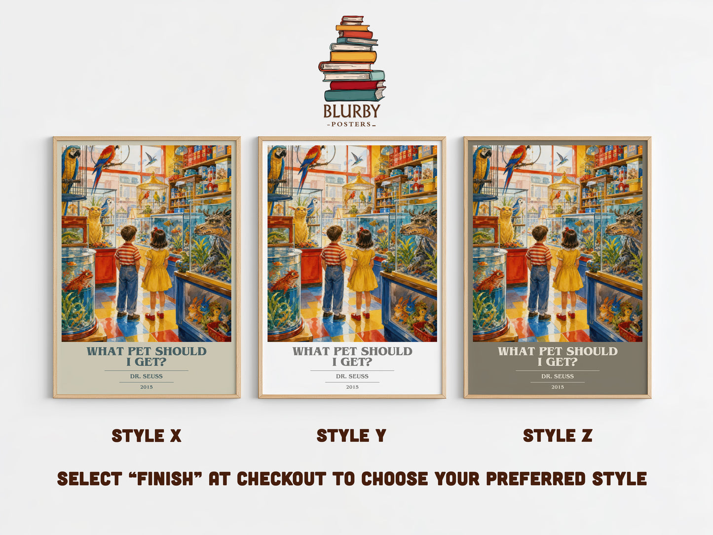What Pet Should I Get? book cover print in frame leaning in hallway – childrens wall art