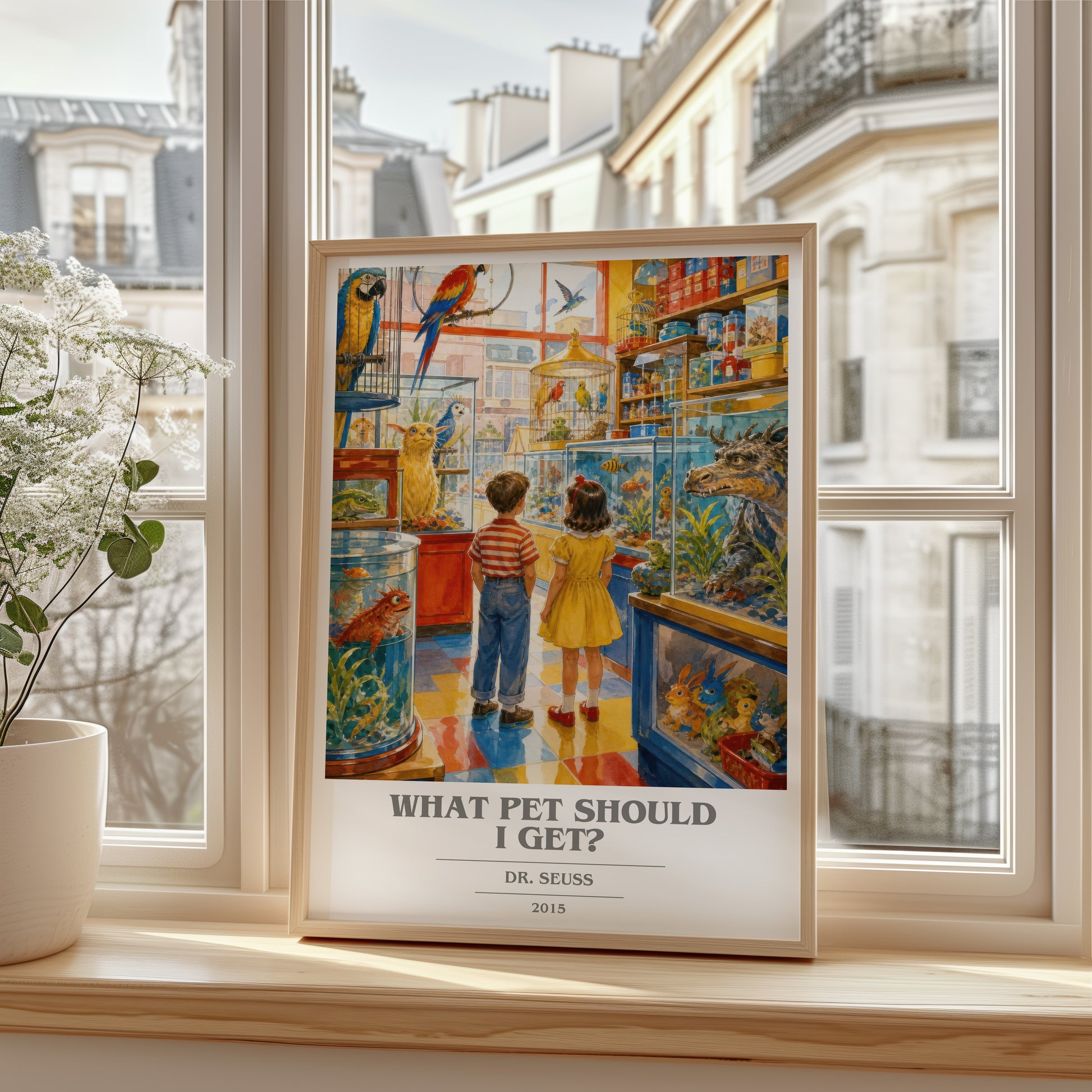 What Pet Should I Get? book cover poster colour and style options – Dr. Seuss book art