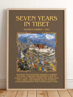 Seven Years in Tibet Minimalist Book Poster by Heinrich Harrer – framed print leaning on a wooden floor