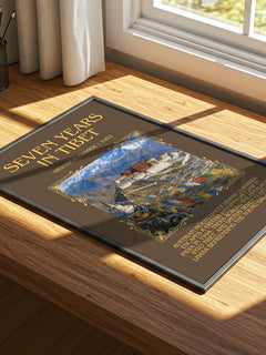 Seven Years in Tibet Minimalist Book Poster by Heinrich Harrer – print on a sunlit desk