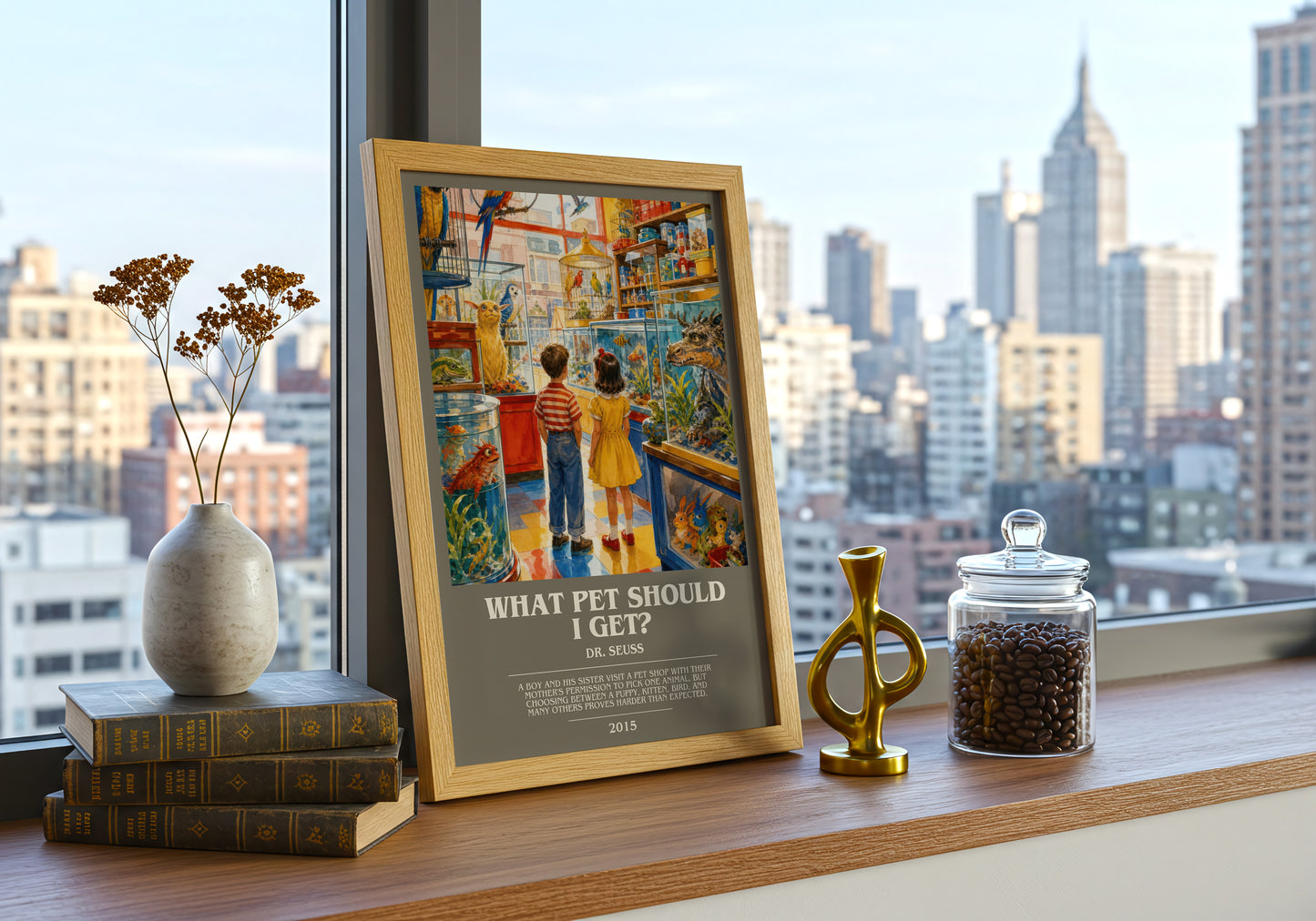 What Pet Should I Get? bookish print framed by window – literary home decor