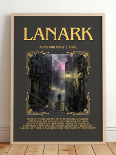 Lanark Minimalist Book Poster by Alasdair Gray – framed print leaning on a wooden floor