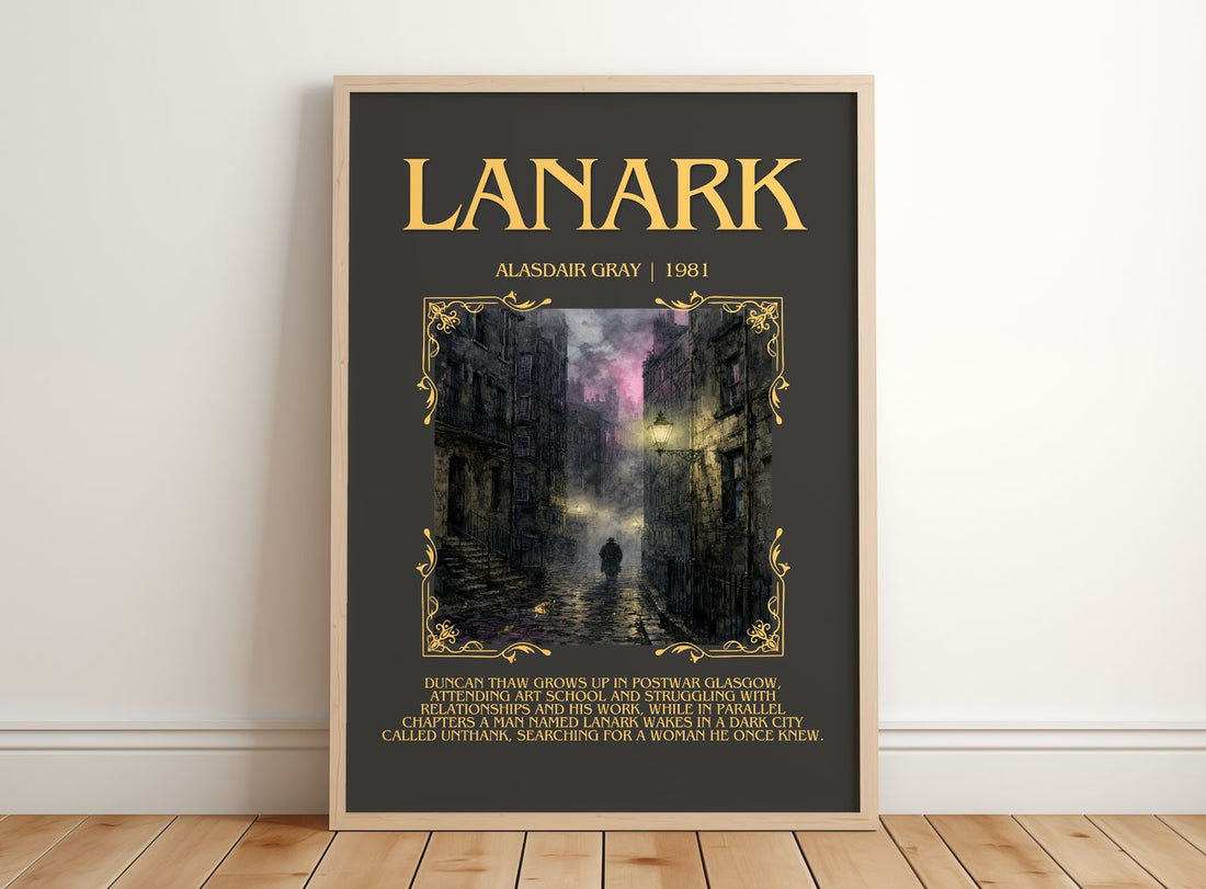 Lanark Minimalist Book Poster by Alasdair Gray – framed print leaning on a wooden floor