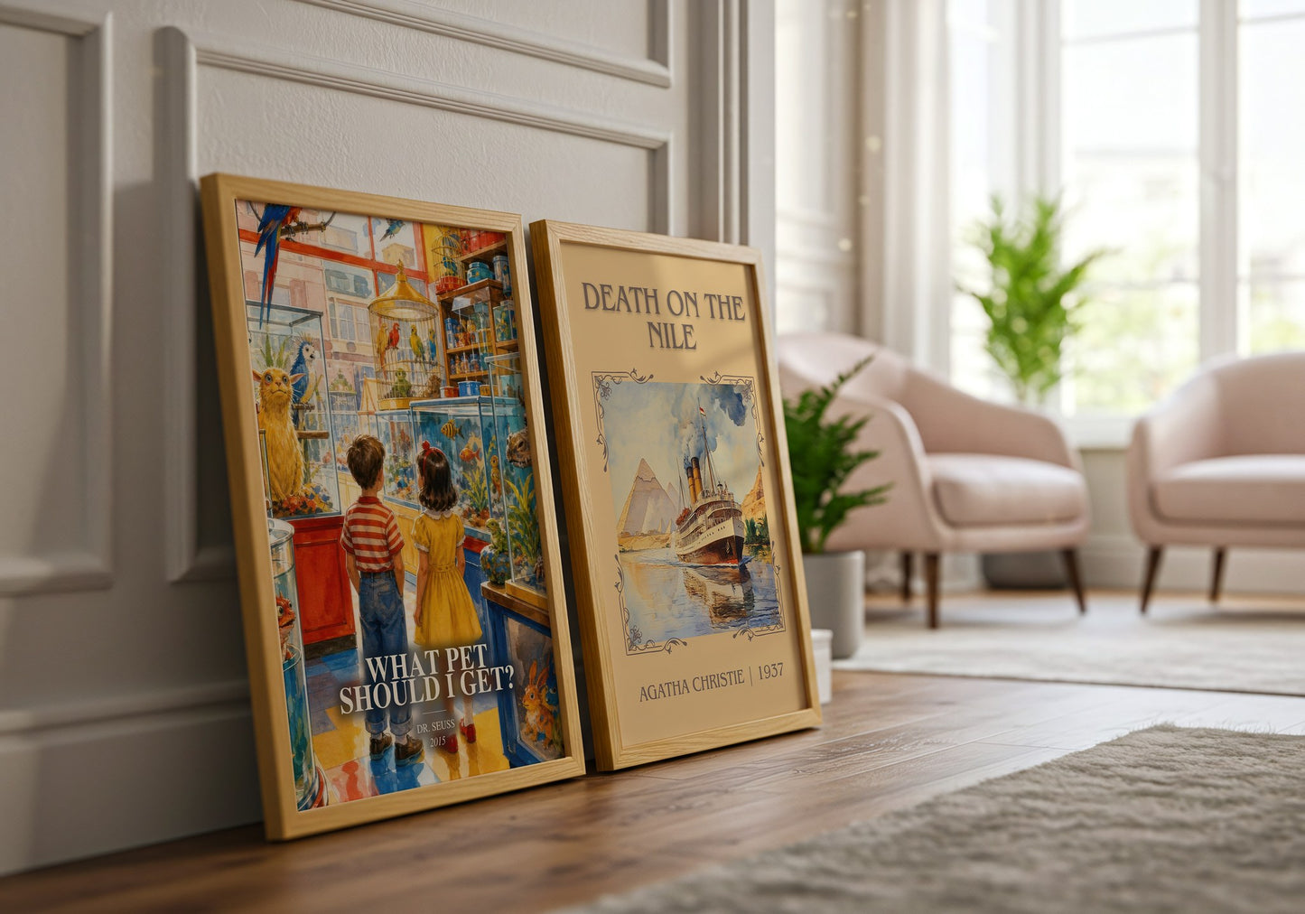 What Pet Should I Get? watercolour print framed by window – literary home decor