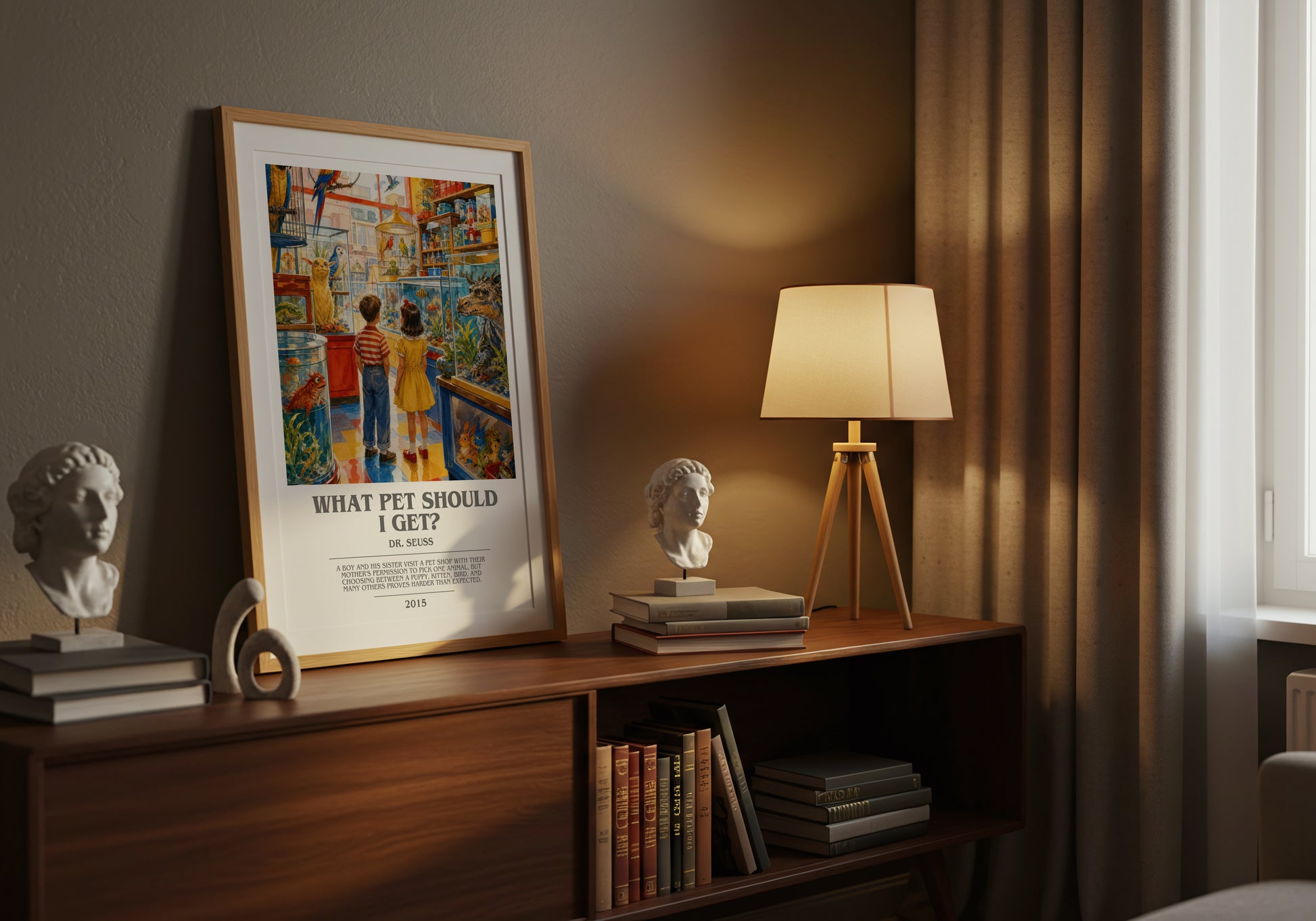 What Pet Should I Get? bookish book poster framed on wall – childrens wall art