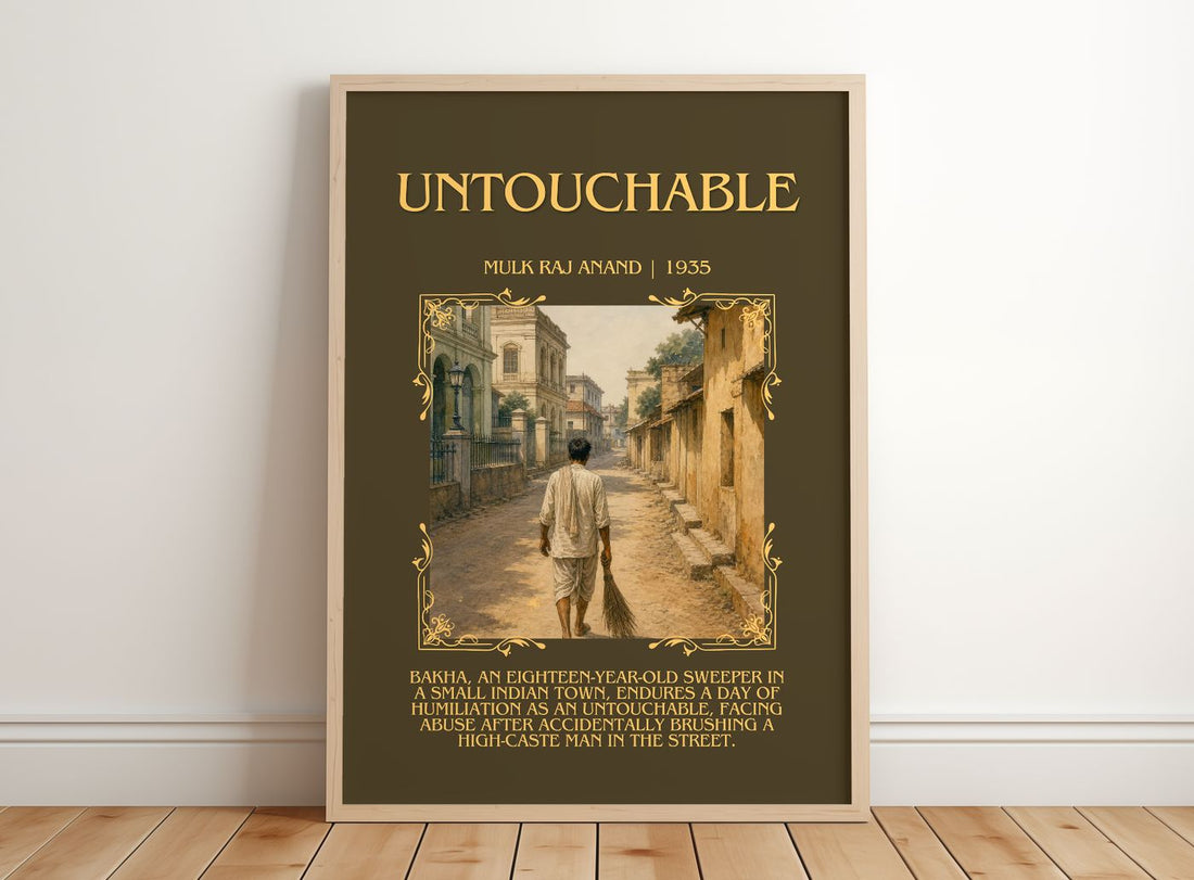 Untouchable Minimalist Book Poster by Mulk Raj Anand – framed print leaning on a wooden floor