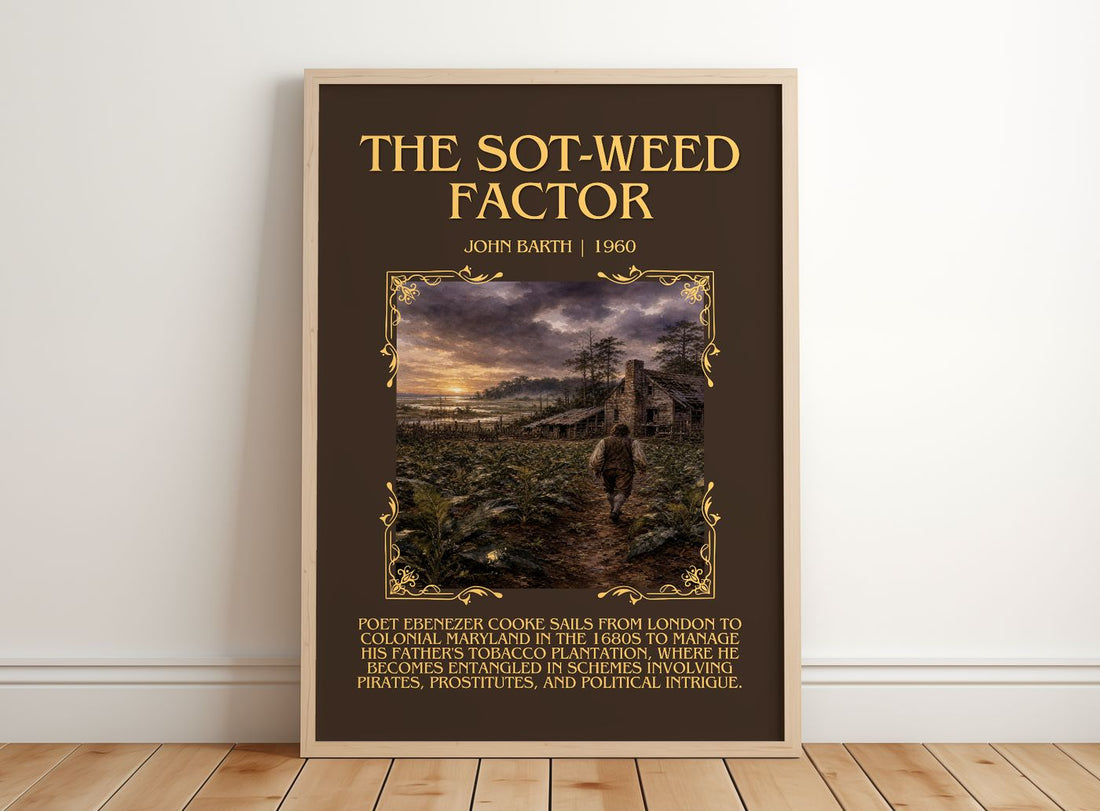 The Sot-Weed Factor Minimalist Book Poster by John Barth – framed print leaning on a wooden floor