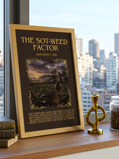 The Sot-Weed Factor Minimalist Book Poster by John Barth – framed print on a city-view windowsill