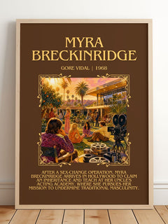 Myra Breckinridge Minimalist Book Poster by Gore Vidal – framed print leaning on a wooden floor