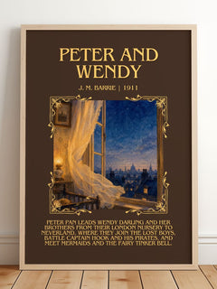 Peter And Wendy Minimalist Book Poster by J. M. Barrie – framed print leaning on a wooden floor