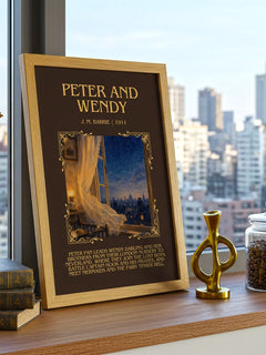 Peter And Wendy Minimalist Book Poster by J. M. Barrie – framed print on a city-view windowsill