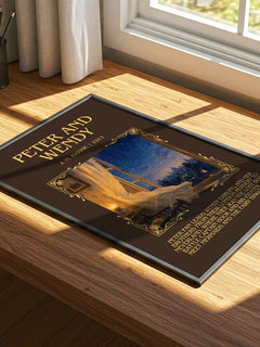Peter And Wendy Minimalist Book Poster by J. M. Barrie – print on a sunlit desk