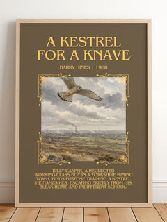 A Kestrel for a Knave Minimalist Book Poster by Barry Hines – framed print leaning on a wooden floor