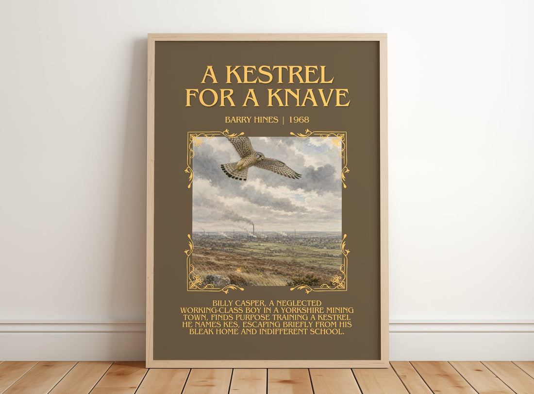 A Kestrel for a Knave Minimalist Book Poster by Barry Hines – framed print leaning on a wooden floor