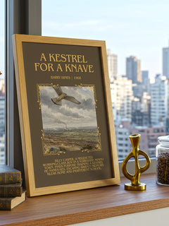 A Kestrel for a Knave Minimalist Book Poster by Barry Hines – framed print on a city-view windowsill