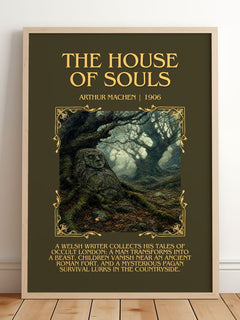 The House Of Souls Minimalist Book Poster by Arthur Machen – framed print leaning on a wooden floor