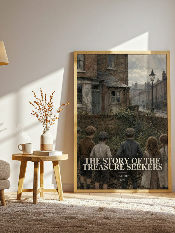The Story Of The Treasure Seekers watercolour print in frame leaning in hallway – childrens wall art