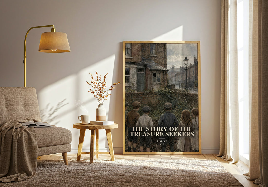 The Story Of The Treasure Seekers watercolour print in frame leaning in hallway – childrens wall art (mockup)