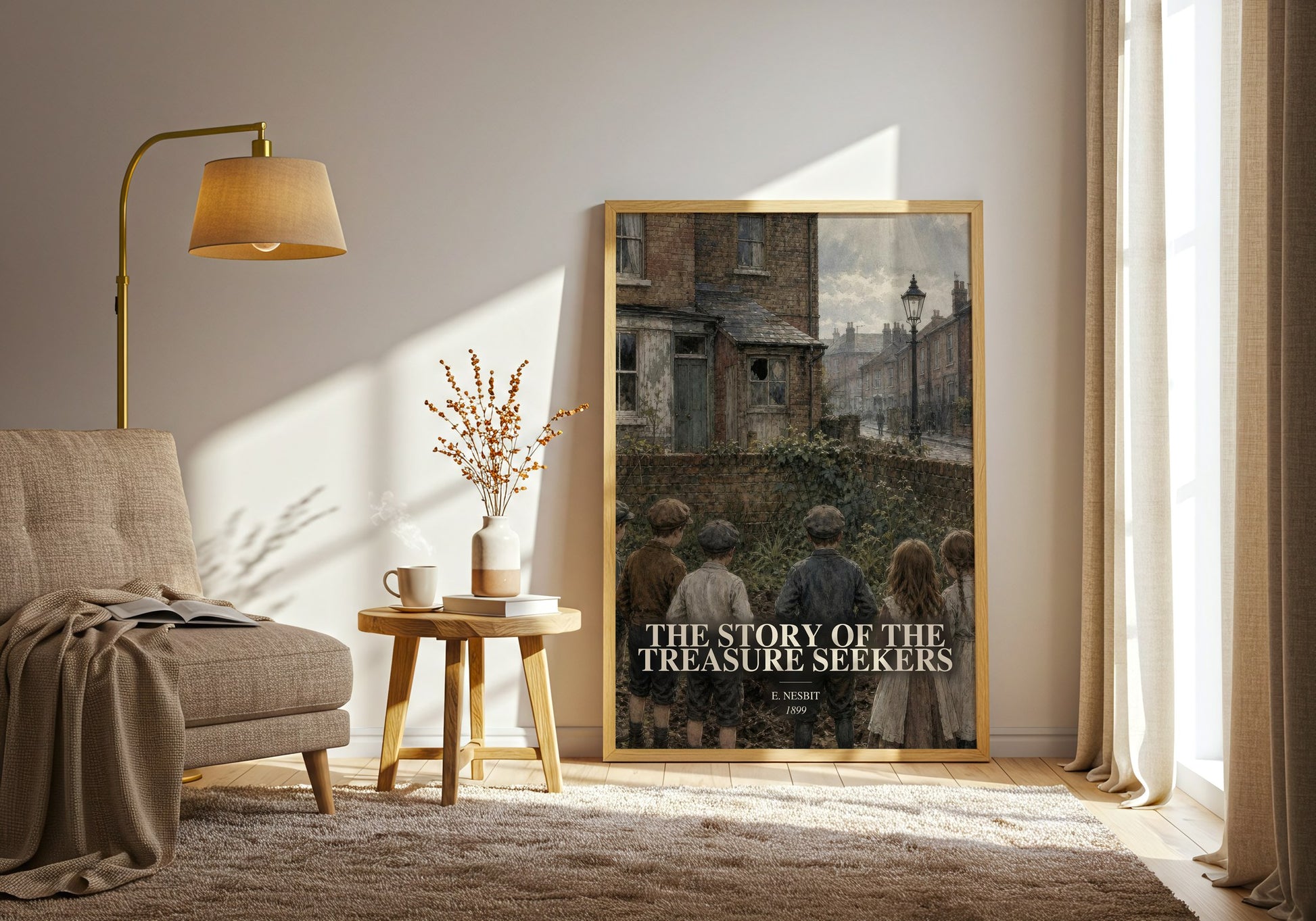 The Story Of The Treasure Seekers watercolour print in frame leaning in hallway – childrens wall art