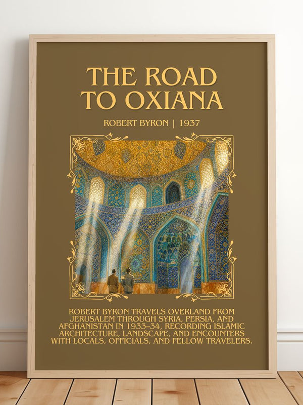 The Road to Oxiana Minimalist Book Poster by Robert Byron – framed print leaning on a wooden floor