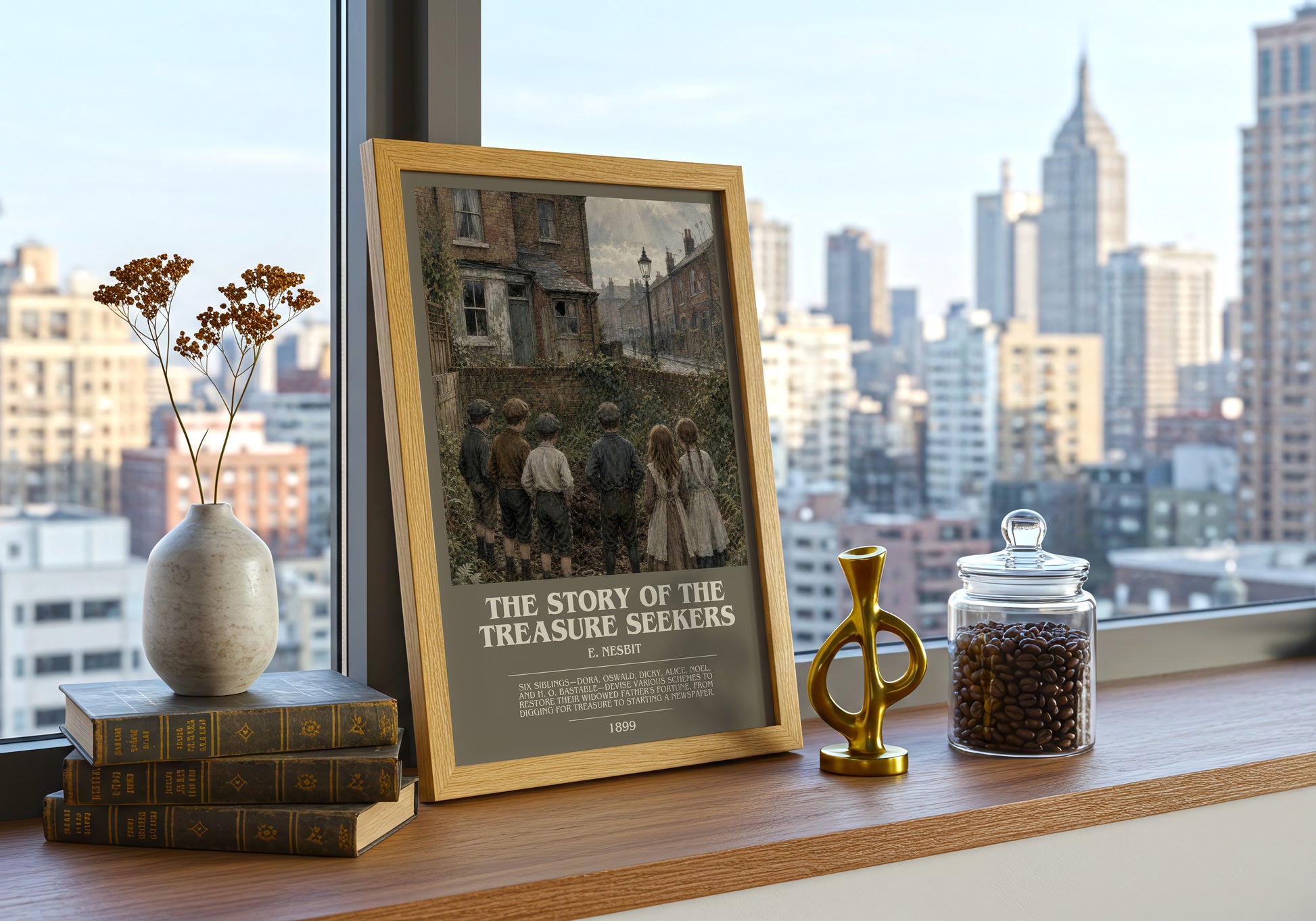 The Story Of The Treasure Seekers bookish print framed by window – literary home decor