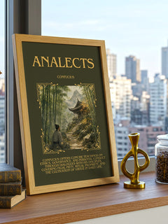 Analects Minimalist Book Poster by Confucius – framed print on a city-view windowsill