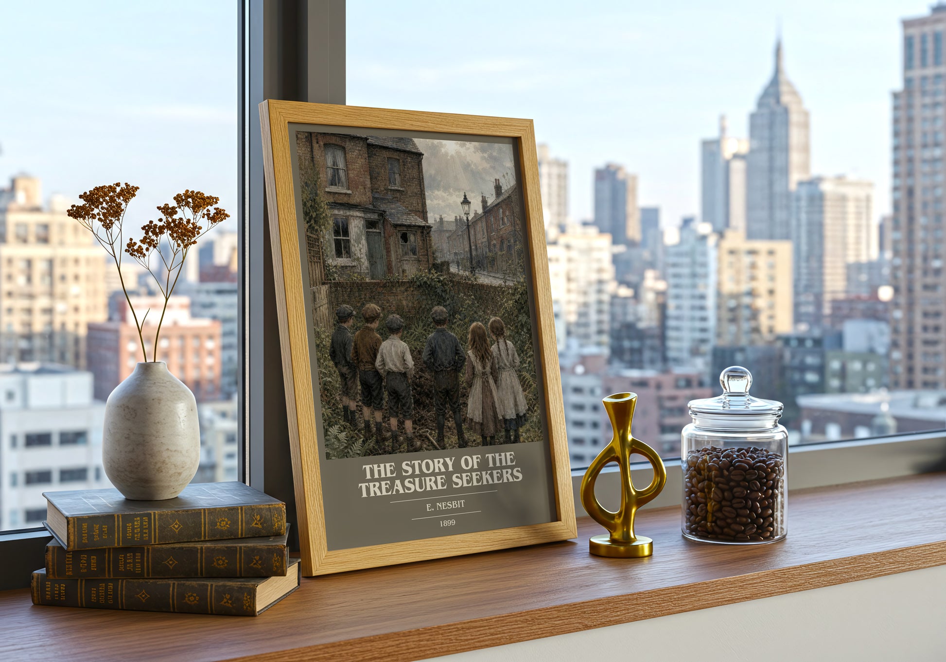 The Story Of The Treasure Seekers book cover print framed by window – literary home decor