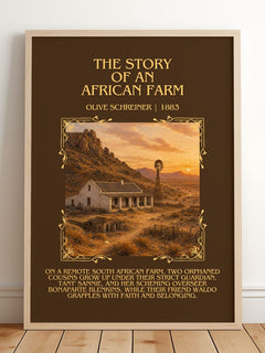 The Story Of An African Farm Minimalist Book Poster by Olive Schreiner – framed print leaning on a wooden floor