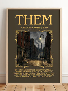 Them Minimalist Book Poster by Joyce Carol Oates – framed print leaning on a wooden floor