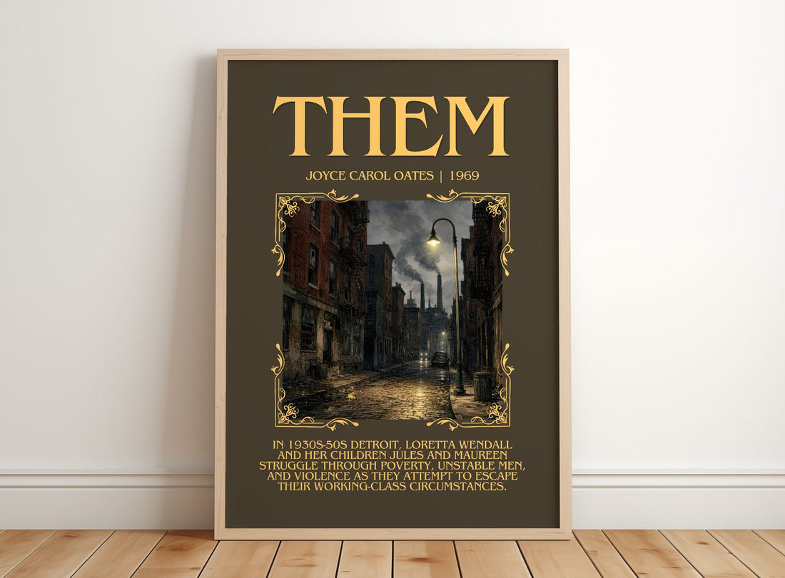 Them Minimalist Book Poster by Joyce Carol Oates – framed print leaning on a wooden floor