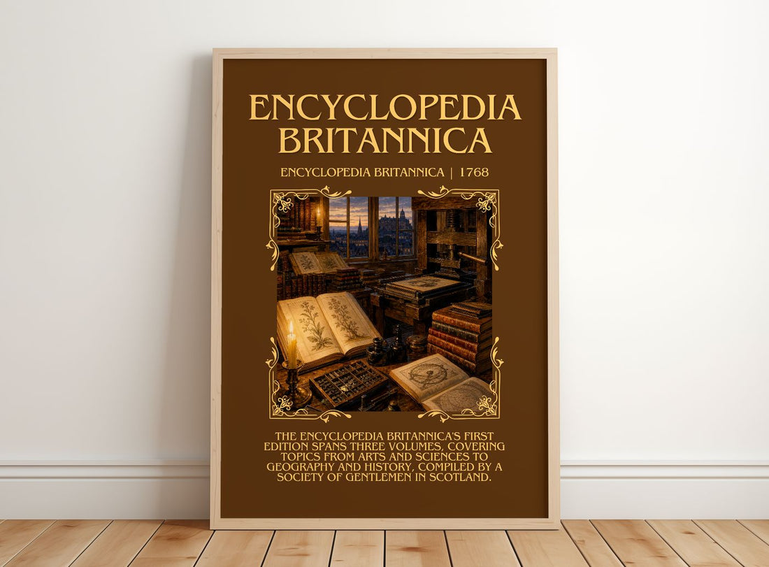Encyclopedia Britannica Minimalist Book Poster by E. Britannica – framed print leaning on a wooden floor