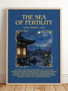 The Sea of Fertility Minimalist Book Poster by Yukio Mishima – framed print leaning on a wooden floor