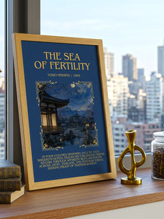 The Sea of Fertility Minimalist Book Poster by Yukio Mishima – framed print on a city-view windowsill