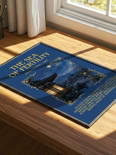 The Sea of Fertility Minimalist Book Poster by Yukio Mishima – print on a sunlit desk