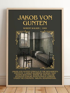 Jakob Von Gunten Minimalist Book Poster by Robert Walser – framed print leaning on a wooden floor