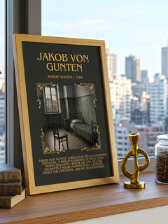 Jakob Von Gunten Minimalist Book Poster by Robert Walser – framed print on a city-view windowsill