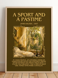 A Sport and a Pastime Minimalist Book Poster by James Salter – framed print leaning on a wooden floor