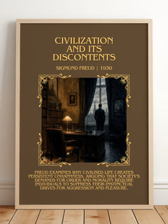 Civilization and Its Discontents Minimalist Book Poster by S. Freud – framed print leaning on a wooden floor