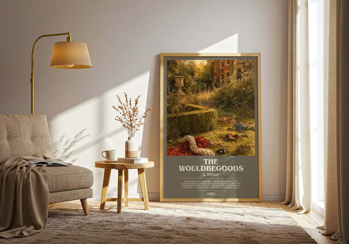 The Wouldbegoods bookish print on bookshelf – E. Nesbit fan gift