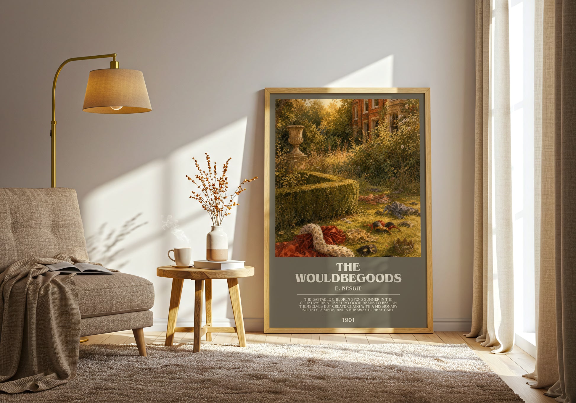 The Wouldbegoods bookish print on bookshelf – E. Nesbit fan gift