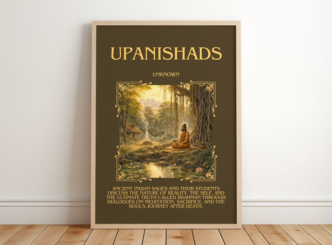 Upanishads Minimalist Book Poster by Unknown – framed print leaning on a wooden floor