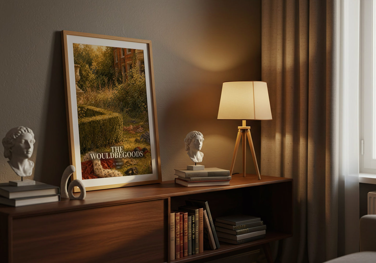 The Wouldbegoods watercolour print on bookshelf – E. Nesbit fan gift