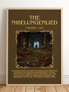The Nibelungenlied Minimalist Book Poster by Unknown – framed print leaning on a wooden floor