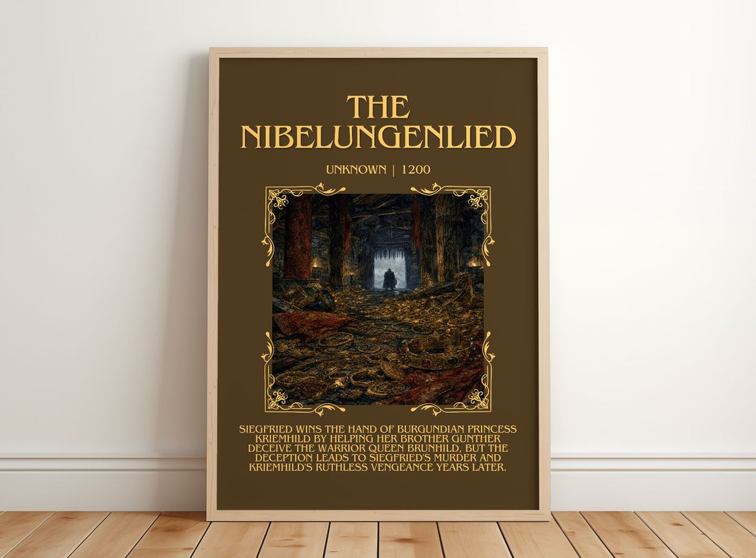 The Nibelungenlied Minimalist Book Poster by Unknown – framed print leaning on a wooden floor