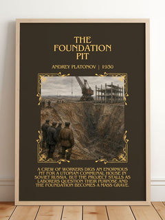 The Foundation Pit Minimalist Book Poster by Andrey Platonov – framed print leaning on a wooden floor